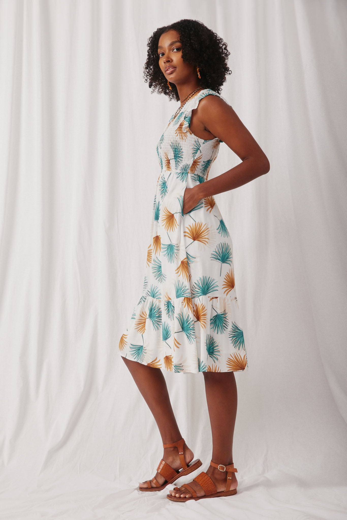 HN4673 Ivory Womens Tropical Botanical Smocked Ruffle Dress Side