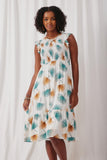 HN4673 Ivory Womens Tropical Botanical Smocked Ruffle Dress Front 2
