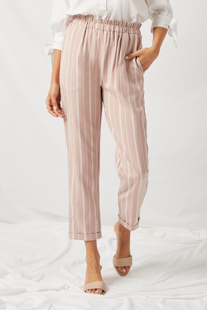 HY1085 Mauve Striped Paperbag Waist Trousers Front