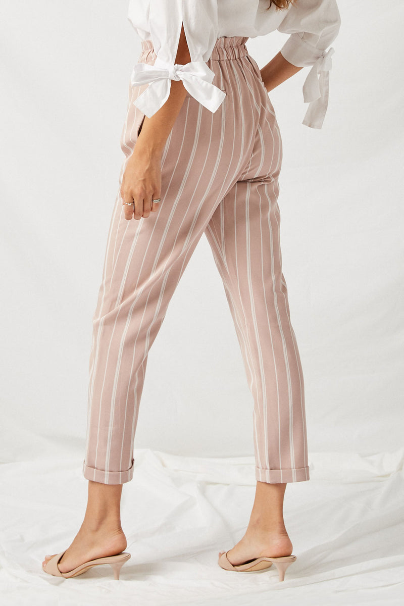 HY1085 Mauve Striped Paperbag Waist Trousers Back