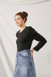 HY1207 Black Womens Pleated Puff Shoulder Knit Top Side
