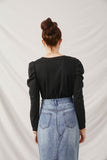 HY1207 Black Womens Pleated Puff Shoulder Knit Top Back