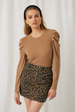 HY1207 Taupe Womens Pleated Puff Shoulder Knit Top Front