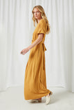 HY2290 Camel Womens Tie Waist Front Slit Knit Maxi Dress Full Body
