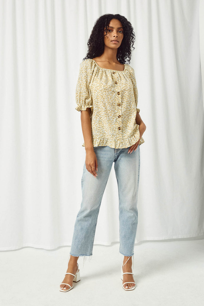 HY2367 YELLOW Womens Ruffled Hem Button Up Floral Top Full Body