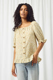 HY2367 YELLOW Womens Ruffled Hem Button Up Floral Top Front