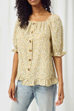 HY2367 YELLOW Womens Ruffled Hem Button Up Floral Top Detail