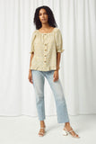 HY2367 YELLOW Womens Ruffled Hem Button Up Floral Top Front 2
