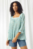 HY2398 BLUE Womens Square Neck Floral Print Pleated Top Front