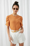 HY2425 Orange Womens Gathered Shoulder Textured Knit Top Front