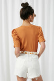 HY2425 Orange Womens Gathered Shoulder Textured Knit Top Back