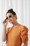 HY2425 Orange Womens Gathered Shoulder Textured Knit Top Close Up