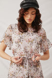 HY2541 Blush Womens Belted Sheer Floral Flutter Sleeve Mini Dress Front