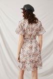 HY2541 Blush Womens Belted Sheer Floral Flutter Sleeve Mini Dress Back