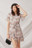 HY2541 Blush Womens Belted Sheer Floral Flutter Sleeve Mini Dress Pose