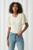 HY2588 Cream Womens Lace Sleeve Mix Media Ribbed Knit Bodysuit Front