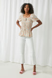 HY2625 Off White Womens Square Neck Tie Smocked Top Front