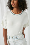 HY2638 Off White Womens Contrast Banded Ruffle Sleeve Top Close Up