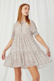 HY2760 Off White Womens Floral Chiffon Smocked Cuff Mini Dress Front