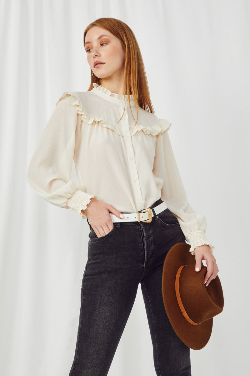 HY2835 IVORY Womens Ruffle Detailed Button Down Blouse Front