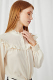 HY2835 IVORY Womens Ruffle Detailed Button Down Blouse Detail