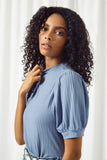 HY5004 BLUE Womens Ribbed Mock Neck Puff Sleeve Top Close Up