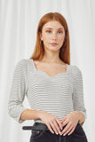 HY5014 WHITE BLACK Womens Sweetheart Stripe Rib Knitted Bodysuit Front