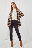 HY5075 TAUPE Womens Brushed Plaid Shawl Collar Open Jacket Full Body