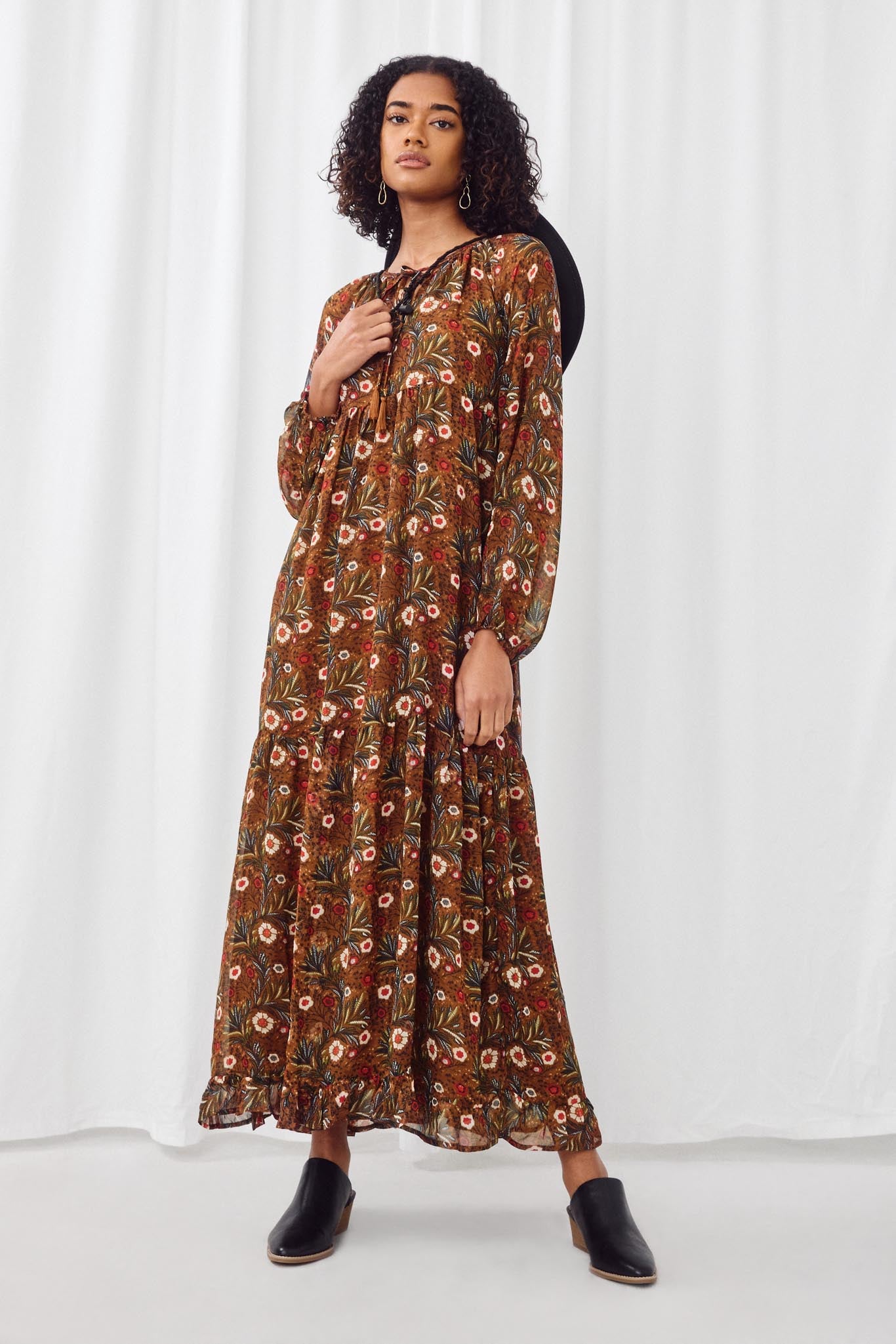 HY5081 BROWN Womens Botanical Mix Print Tassel Detail Sweeping Maxi Dress Full Body