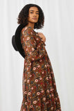 HY5081 BROWN Womens Botanical Mix Print Tassel Detail Sweeping Maxi Dress Detail
