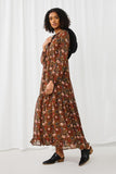 HY5081 BROWN Womens Botanical Mix Print Tassel Detail Sweeping Maxi Dress Side