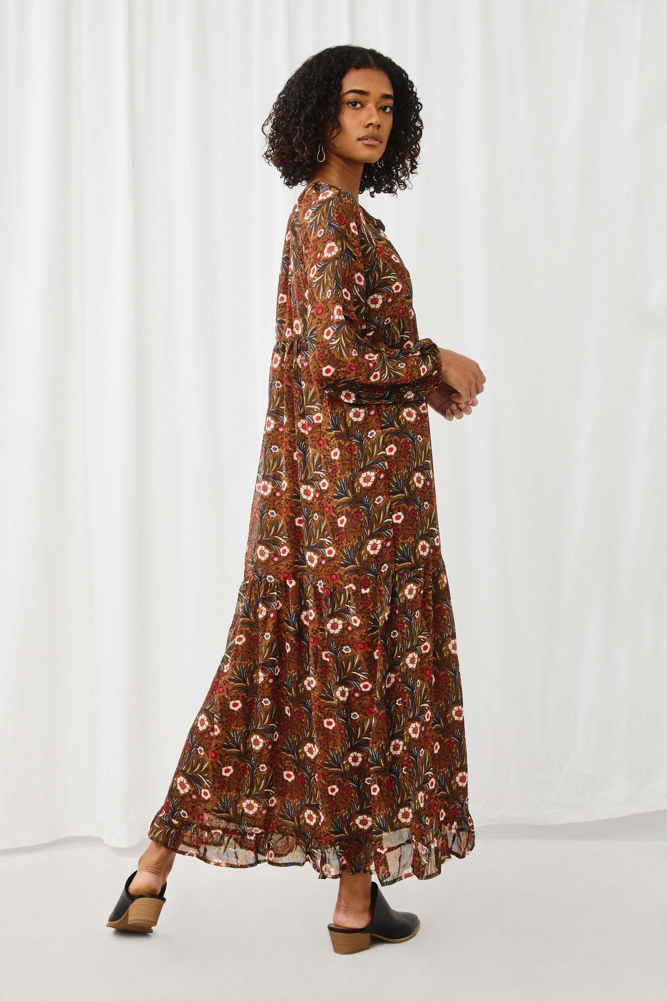 HY5081 BROWN Womens Botanical Mix Print Tassel Detail Sweeping Maxi Dress Back