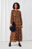 HY5081 BROWN Womens Botanical Mix Print Tassel Detail Sweeping Maxi Dress Front