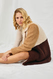 HY5083 BROWN Womens Fuzzy Fleece Collared Color Block Jacket Full Body