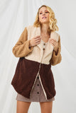HY5083 BROWN Womens Fuzzy Fleece Collared Color Block Jacket Front