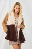 HY5083 BROWN Womens Fuzzy Fleece Collared Color Block Jacket Side