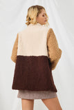 HY5083 BROWN Womens Fuzzy Fleece Collared Color Block Jacket Back