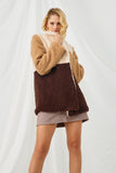 HY5083 BROWN Womens Fuzzy Fleece Collared Color Block Jacket Front 2