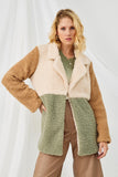 HY5083 SAGE Womens Fuzzy Fleece Collared Color Block Jacket Front