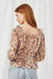 HY5160 BROWN Womens Ruffled Detailed Smocked Square Neck Long Sleeve Peplum Back