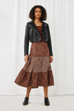 HY5342 BROWN Womens Floral Block Elastic Waist Midi Skirt Full Body