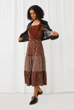 HY5342 BROWN Womens Floral Block Elastic Waist Midi Skirt Front
