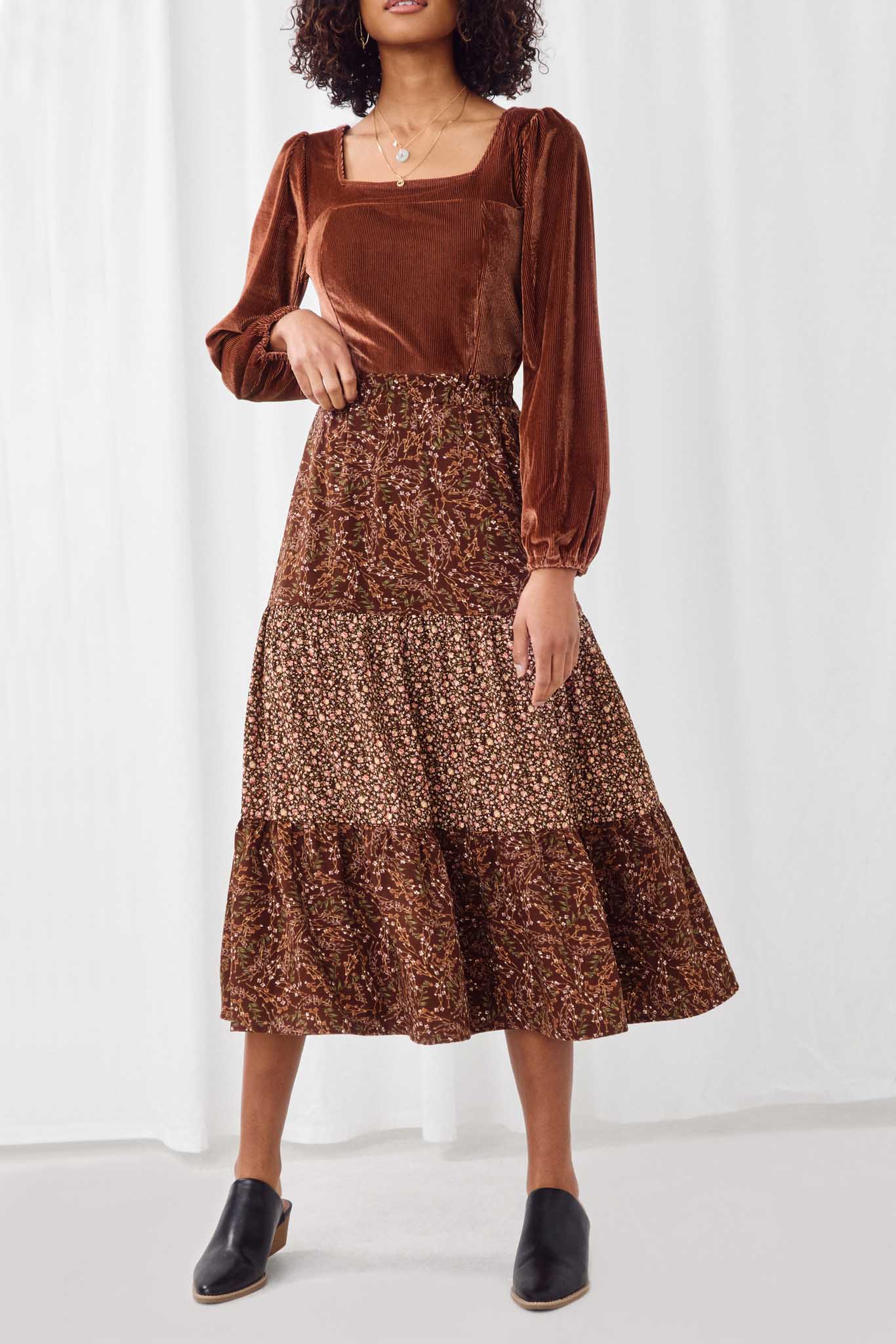 HY5342 BROWN Womens Floral Block Elastic Waist Midi Skirt Detail