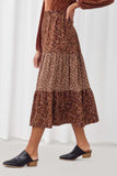 HY5342 BROWN Womens Floral Block Elastic Waist Midi Skirt Side