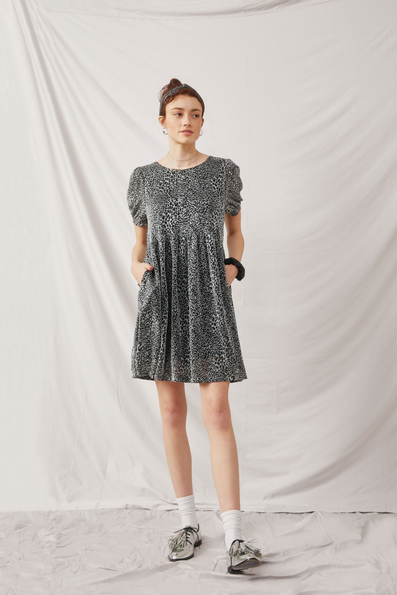 HY5467 Silver Womens Metallic Animal Print Knit Dress Full Body