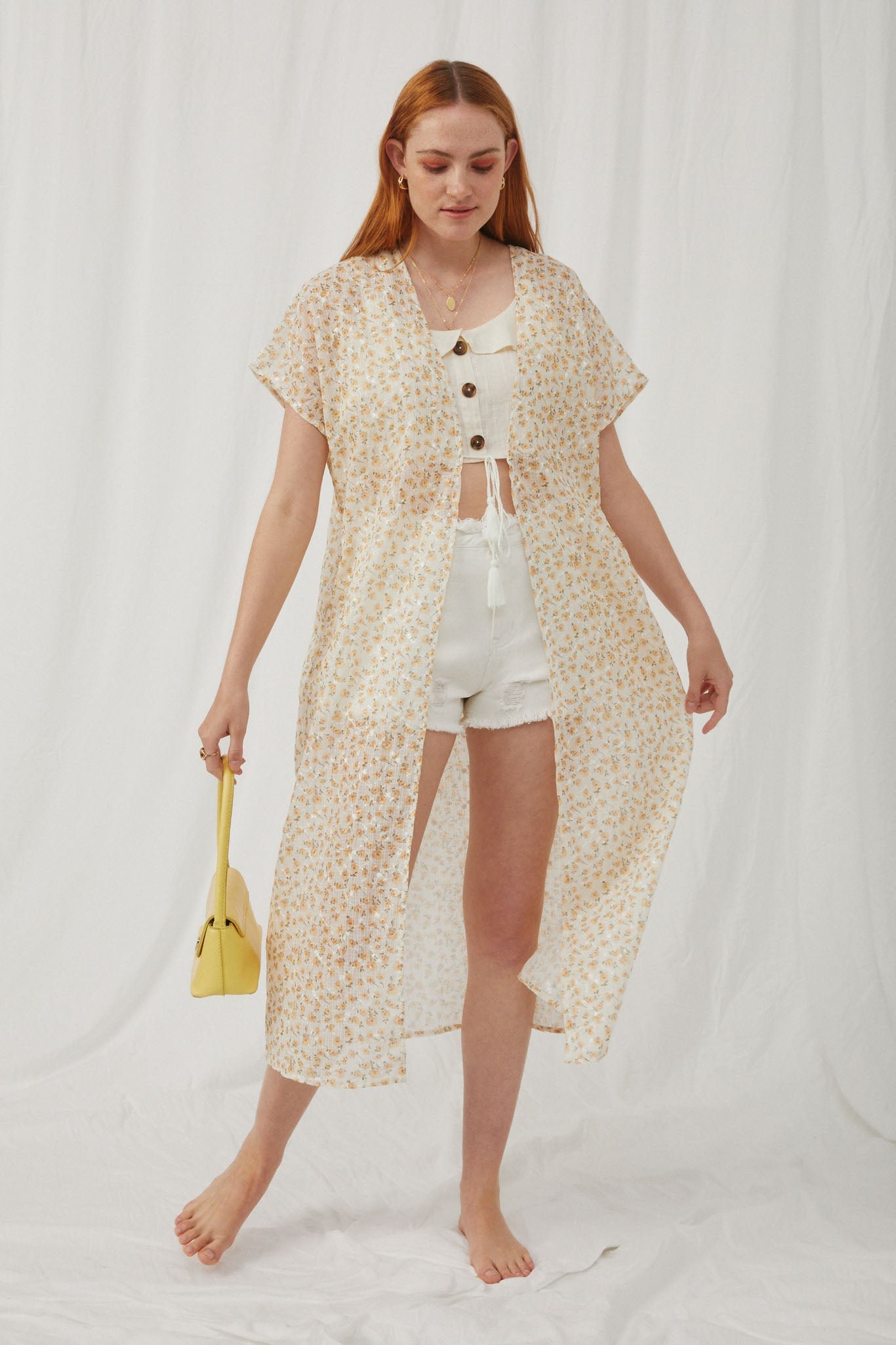 HY5831 Yellow Womens Lurex Floral Short Sleeve Tasseled Long Kimono Front