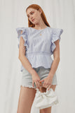 HY5985 Blue Womens Smocked Waist Exaggerated Ruffle Smocked Tank Front