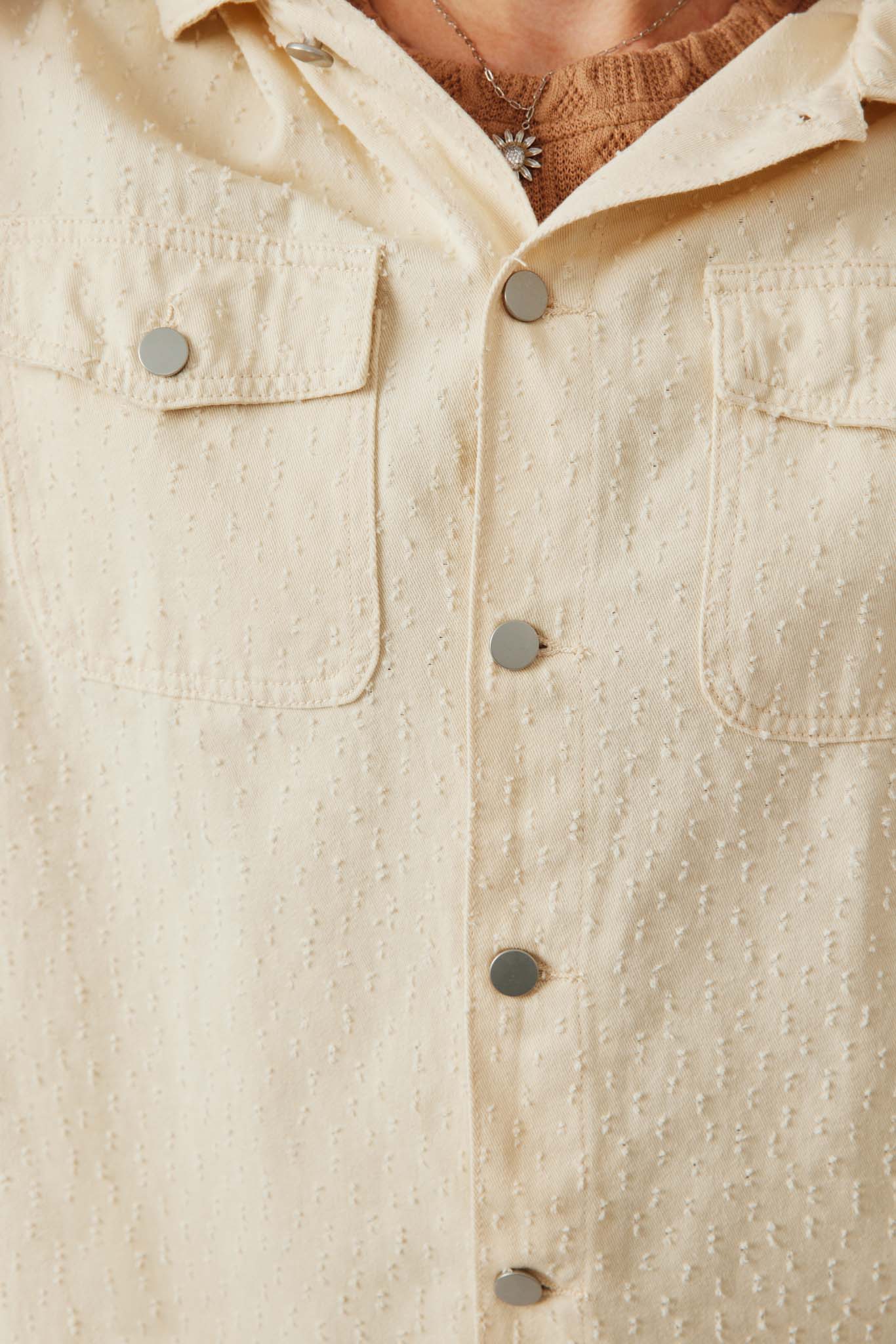 HY6148 Cream Womens Distressed Detail Button Up Shacket Detail