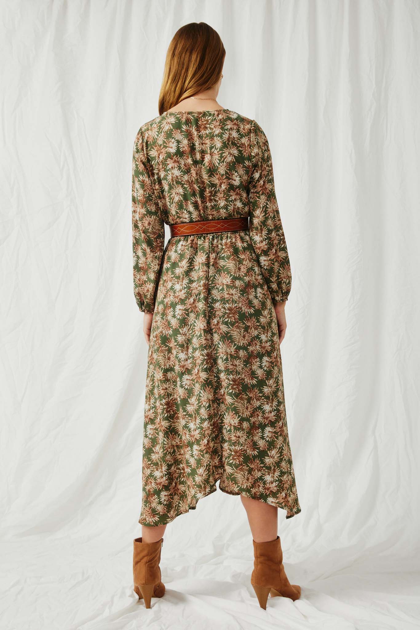 HY6209 Olive Womens Botanical Print V Neck Long Sleeve Dress Back