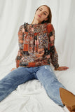 HY6223 Brown Womens Patch Print Smocked Neck Chiffon Top Pose